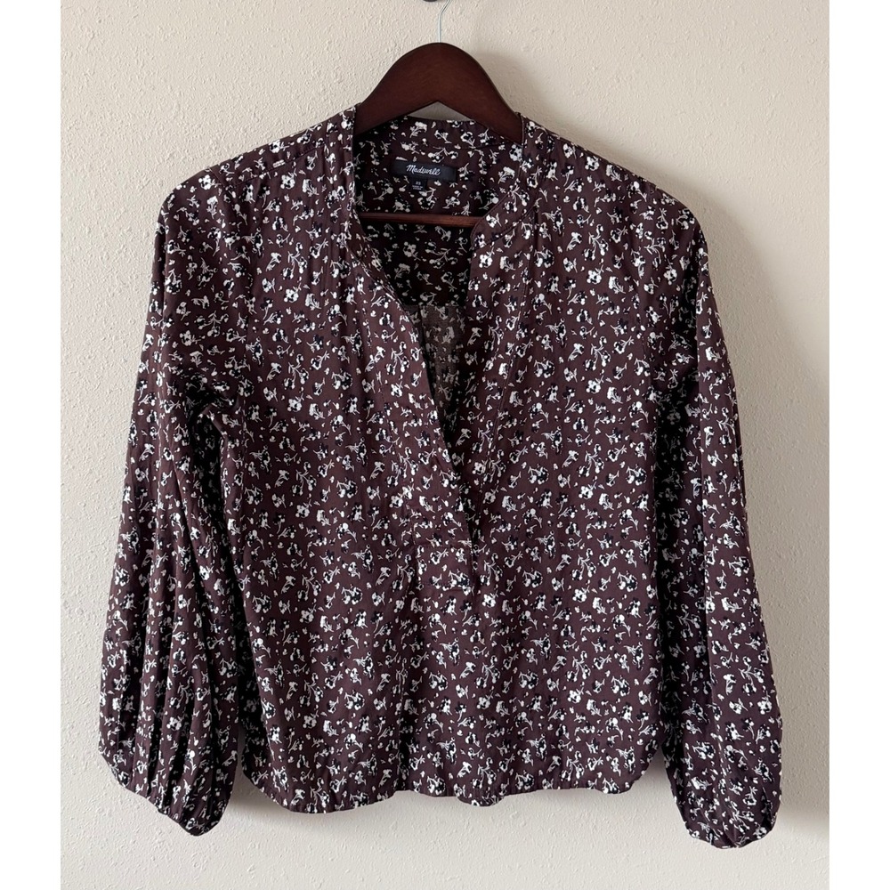 Madewell Floral Balloon Sleeve V-Neck Blouse Dark Carob Brown XS